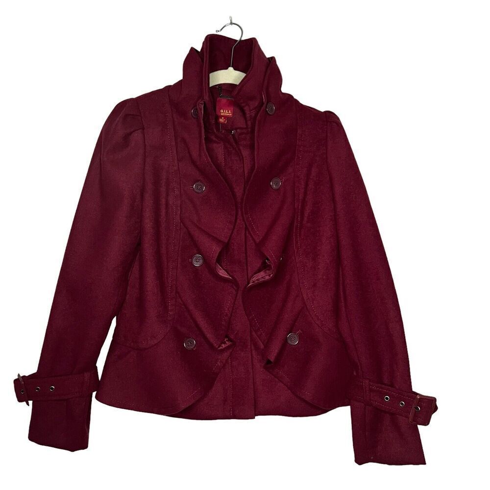 G.I.L.I. got it love it Womens Ruffled Front Jacket Maroon Poly Blend Coat Sz 6